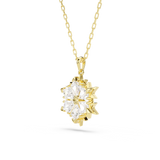 A three-quarter perspective studio view of the Swarovski Magic snowflake pendant, showing the three-dimensional depth of the crystal layers and the highly polished gold-plated side bezels.