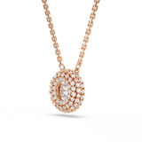 A three-quarter studio perspective view of the Swarovski Sublima pendant, emphasizing the rounded, dimensional dome shape of the pavé crystal setting and how it connects directly to the rose gold chain.