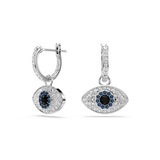 A three-quarter perspective studio view of the Swarovski Symbolica earrings, demonstrating the comfortable curved hinge closure on one hoop and the dimensional depth of the paved evil eye charms.