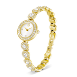 A three-quarter perspective studio shot showing the Swarovski Una Angelic watch in a curved, upright position, demonstrating the fluid flexibility of the crystal link bracelet and the secure alignment of its gold-tone hardware.