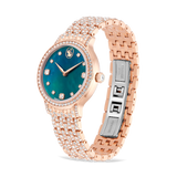 A three-quarter studio shot of the Swarovski Imber watch over a black background, showcasing the curve of the metal bracelet, the open stainless steel deployment clasp, and the continuous rows of clear crystals along the band.