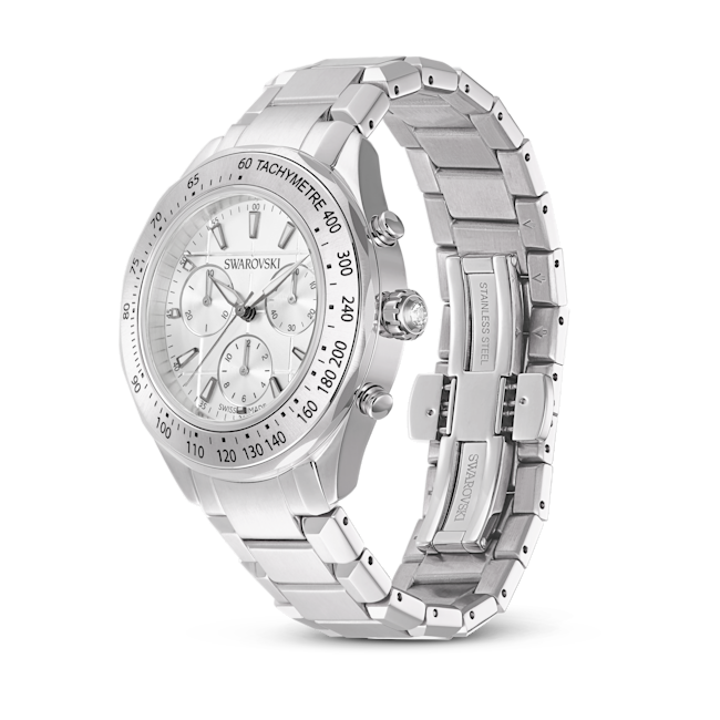 A three-quarter studio shot of the Swarovski Dextera watch over a black background, showing the curvature of the oyster-style metal bracelet and the unclasped inner stainless steel deployment buckle.
