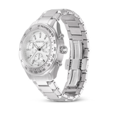 A three-quarter studio shot of the Swarovski Dextera watch over a black background, showing the curvature of the oyster-style metal bracelet and the unclasped inner stainless steel deployment buckle.
