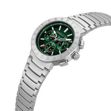 A high-angle studio photograph of the Cerruti 1881 Filiano watch, displaying the contour of the integrated steel link bracelet, side pushers, and the texturing on the dark green chronograph dial.