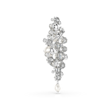A three-quarter side perspective view of the Swarovski Constella brooch, illustrating the dimensional depth of the prong-set round crystals and the organic layering of the luminous crystal pearls.