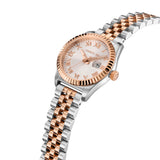 A dynamic three-quarter profile studio shot of the Cerruti 1881 Baccio watch, emphasizing the detailed coin-edge fluted bezel, the rose gold crown stamped with the house logo, and the flexibility of the multi-link jubilee bracelet.