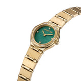 A three-quarter profile studio view of the Cerruti 1881 Rendinara watch, highlighting the horizontal grain texture of the emerald green dial, the partial crystal stone setting on the bezel, and the brushed finish of the gold-plated links.