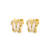 A three-quarter perspective studio shot of the butterfly motif stud earrings, showcasing the polished yellow gold-plated edges, secure post attachments, and classic butterfly backs.