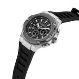 Three-quarter studio view of the Cerruti 1881 Lucardo watch, showing the 44mm rugged stainless steel bezel texture, dual chronograph pushers, and integrated crown.
