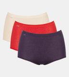 Three Sloggi Basic+ Maxi panties in Beige, Red, and Navy, showcasing the full-coverage fit and soft cotton texture. Available Online at Blue Salon Qatar