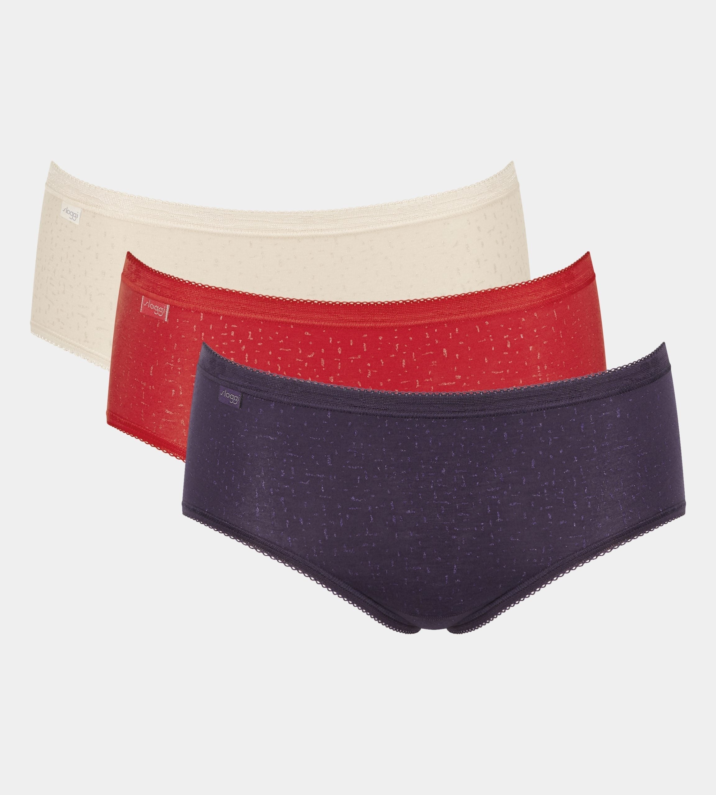 Three Sloggi Basic+ Midi panties in Beige, Red, and Dark Purple, showcasing the mid-rise fit and soft cotton texture. Shop Online at Blue Salon Qatar