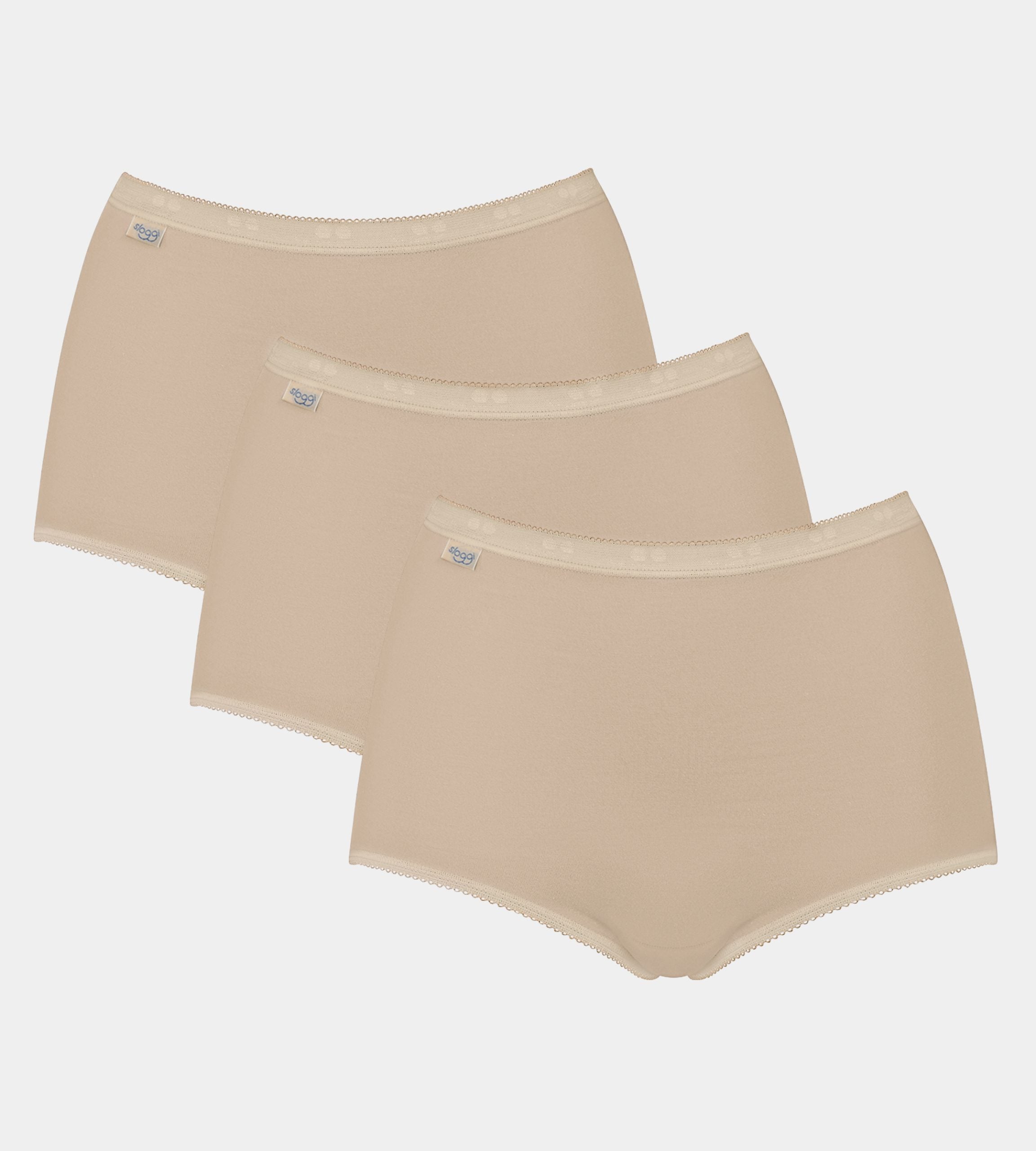 Three pairs of Sloggi Basic+ beige maxi panties, showcasing the high-waisted silhouette and soft cotton texture. Shop Now Online
