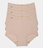 Three pairs of Sloggi Basic+ beige maxi panties stacked, showcasing the high-waisted silhouette and soft cotton texture. Shop Now Online