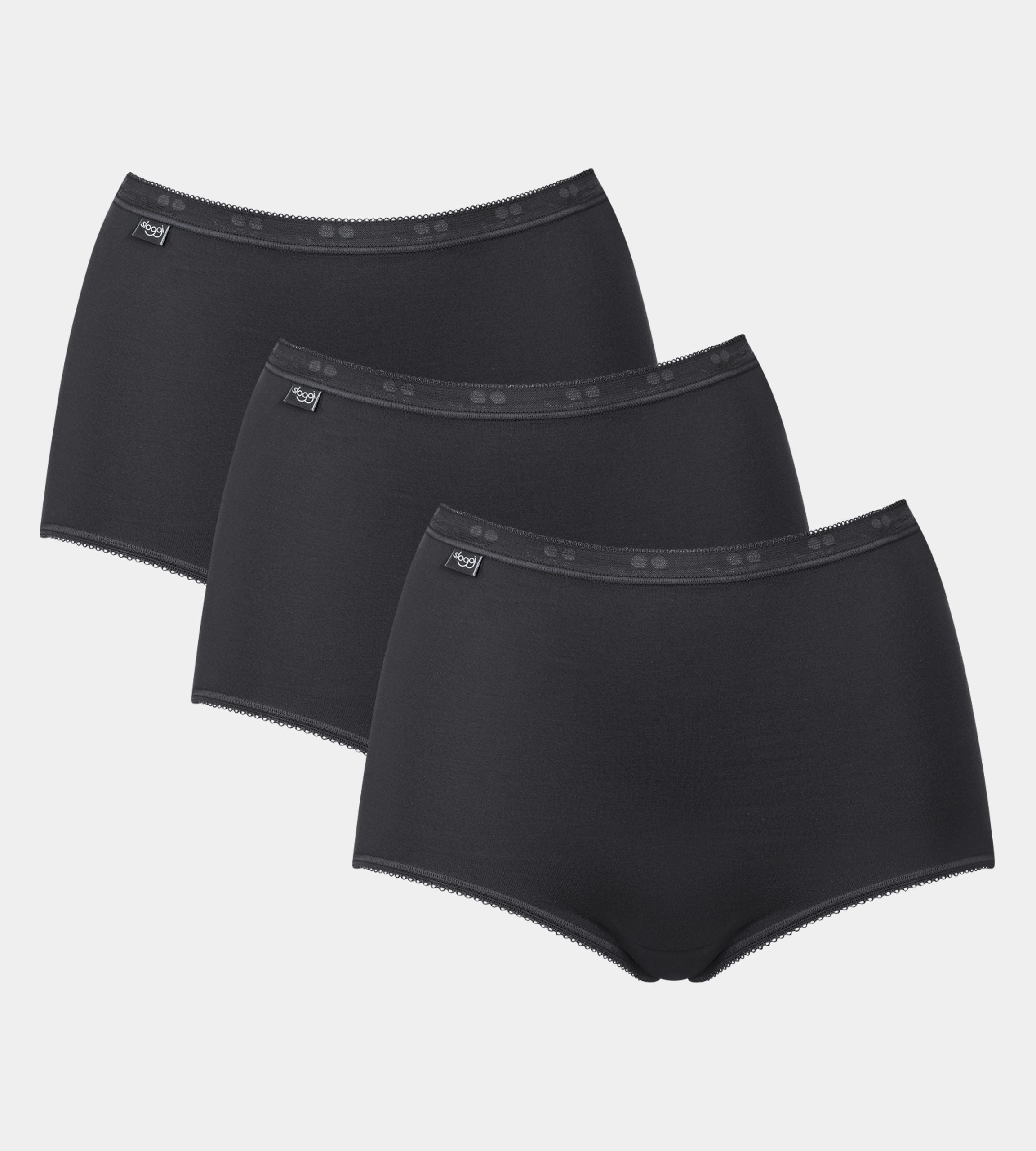 Three pairs of Sloggi Basic+ black maxi panties stacked to show the full-coverage cut and soft cotton texture. Available Online Today