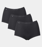 Three pairs of Sloggi Basic+ black maxi panties stacked to show the full-coverage cut and soft cotton texture. Available Online Today