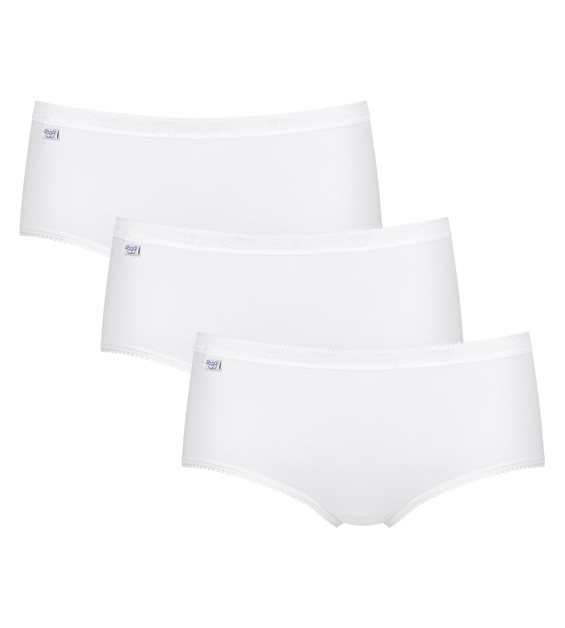 Three pairs of Sloggi Basic+ white midi panties, showing the mid-rise waist and soft, breathable cotton texture. Now Available Online
