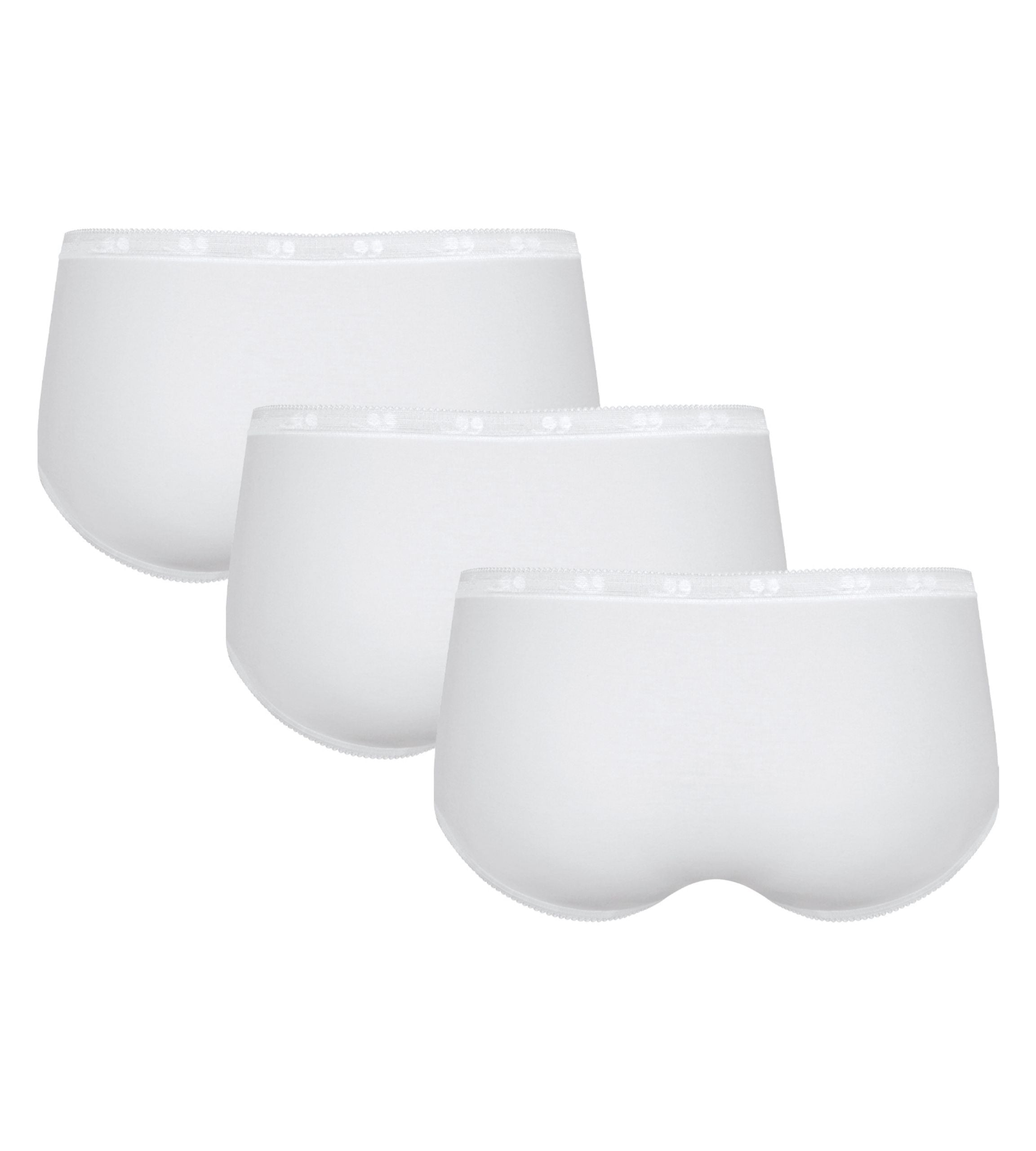 Three pairs of Sloggi Basic+ white midi panties Product-only back view, showing the mid-rise waist and soft, breathable cotton texture. Now Available Online