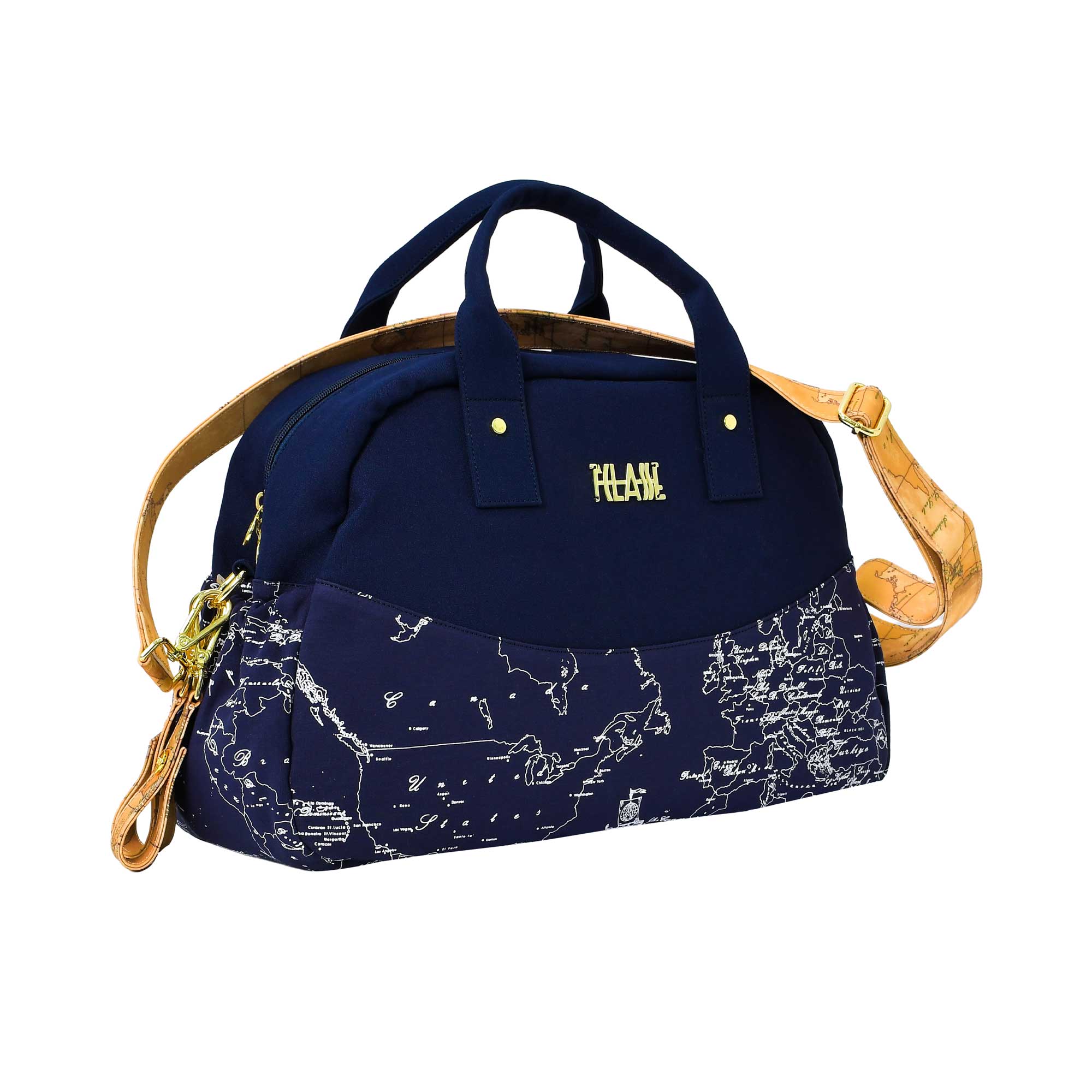 Tilted view of the Alviero Martini kids blue Geo map changing bag. Order Online Today