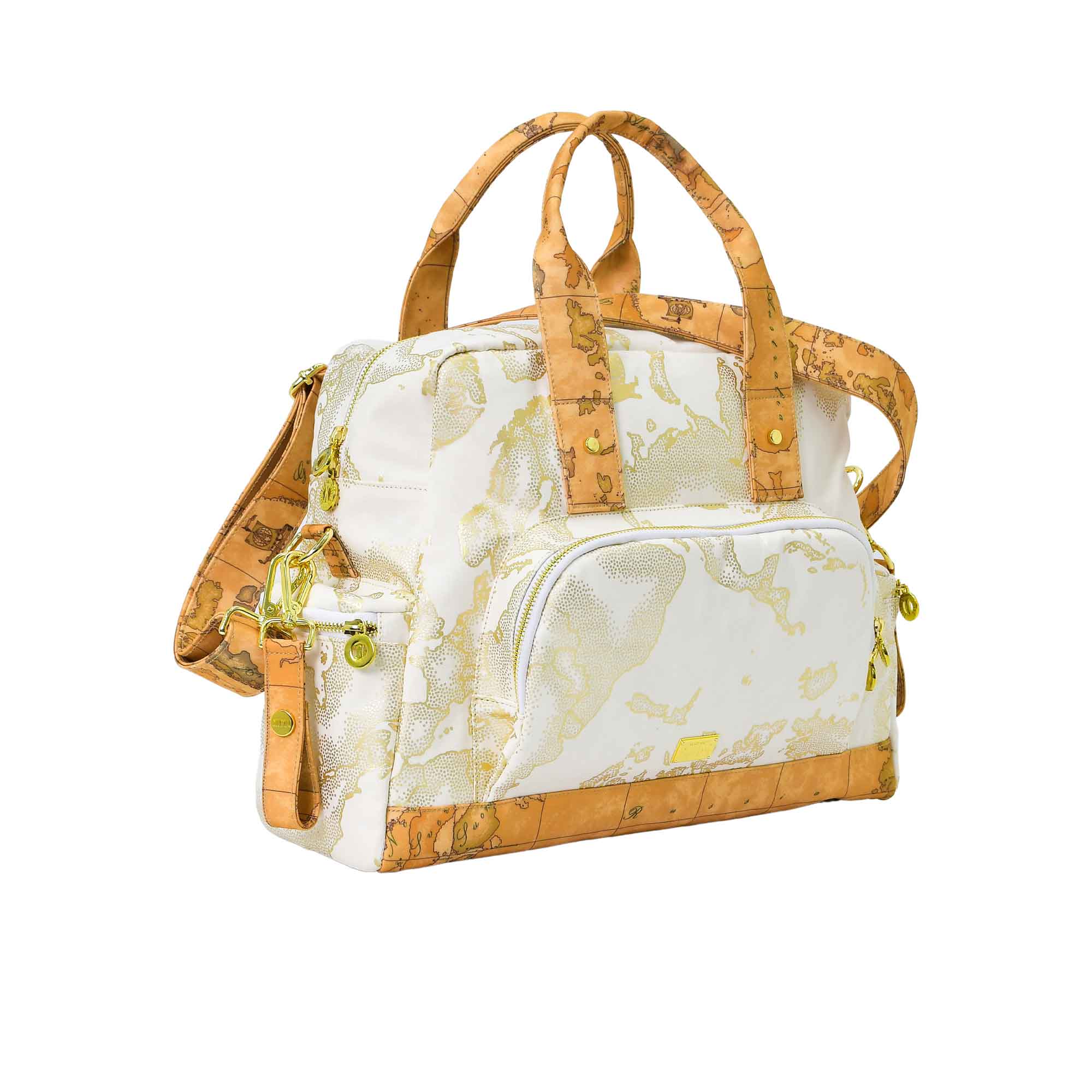 Tilted view of the Alviero Martini kids white Geo map changing bag. Available for Online Purchase at Blue Salon Qatar