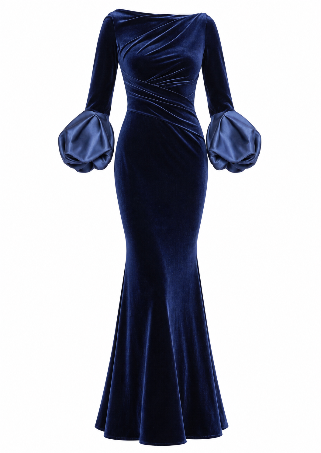 Navy blue long velvet dress with a draped bodice, boat neckline, and voluminous satin-like puffed cuffs.