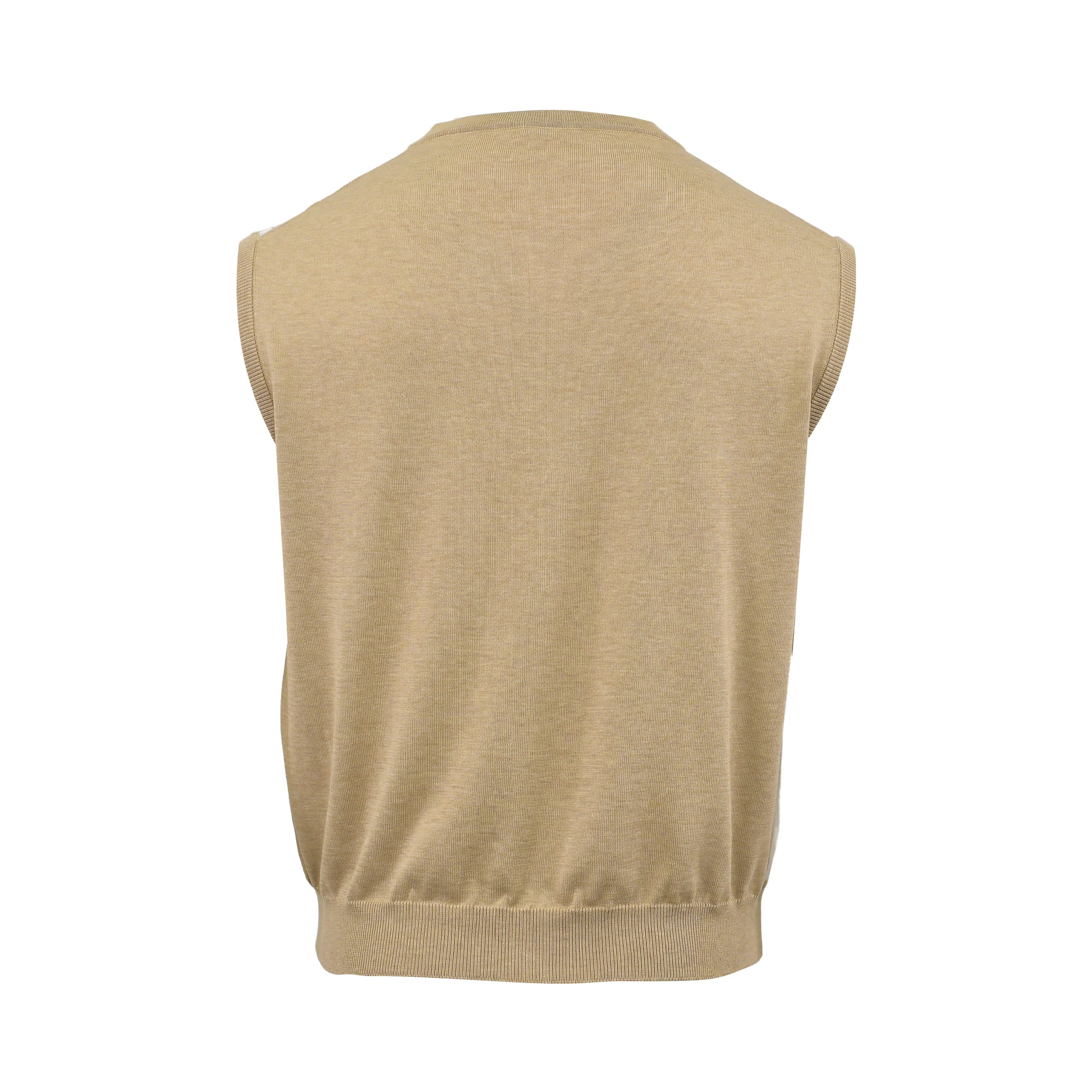 Back studio shot of the men's Tombolini knit cardigan vest, showcasing the solid beige fine-gauge knit back panel and ribbed waistband against a white background.