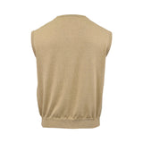 Back studio shot of the men's Tombolini knit cardigan vest, showcasing the solid beige fine-gauge knit back panel and ribbed waistband against a white background.