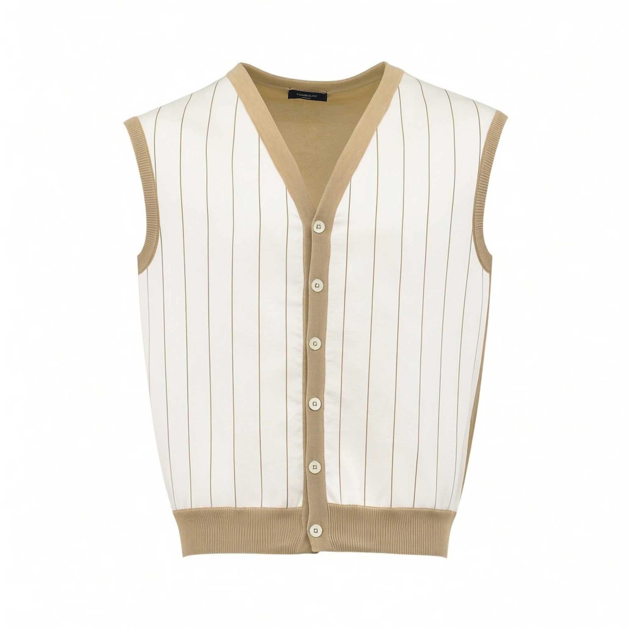 Front studio shot of a men's Tombolini sleeveless knit cardigan vest featuring an off-white pinstriped front, beige V-neck trim, and a six-button placket.