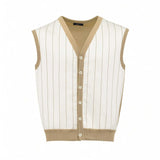 Front studio shot of a men's Tombolini sleeveless knit cardigan vest featuring an off-white pinstriped front, beige V-neck trim, and a six-button placket.