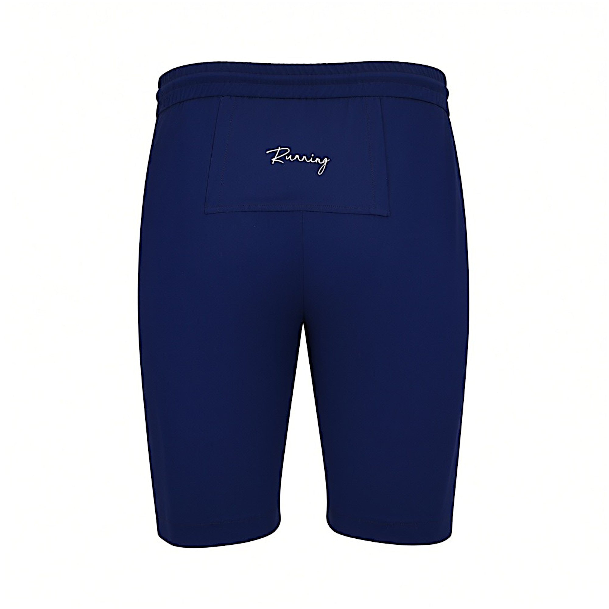 Back studio shot of the men's Tombolini deep blue shorts, showcasing the clean rear construction and a back pocket panel adorned with white "Running" script embroidery.