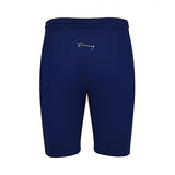 Back studio shot of the men's Tombolini deep blue shorts, showcasing the clean rear construction and a back pocket panel adorned with white "Running" script embroidery.