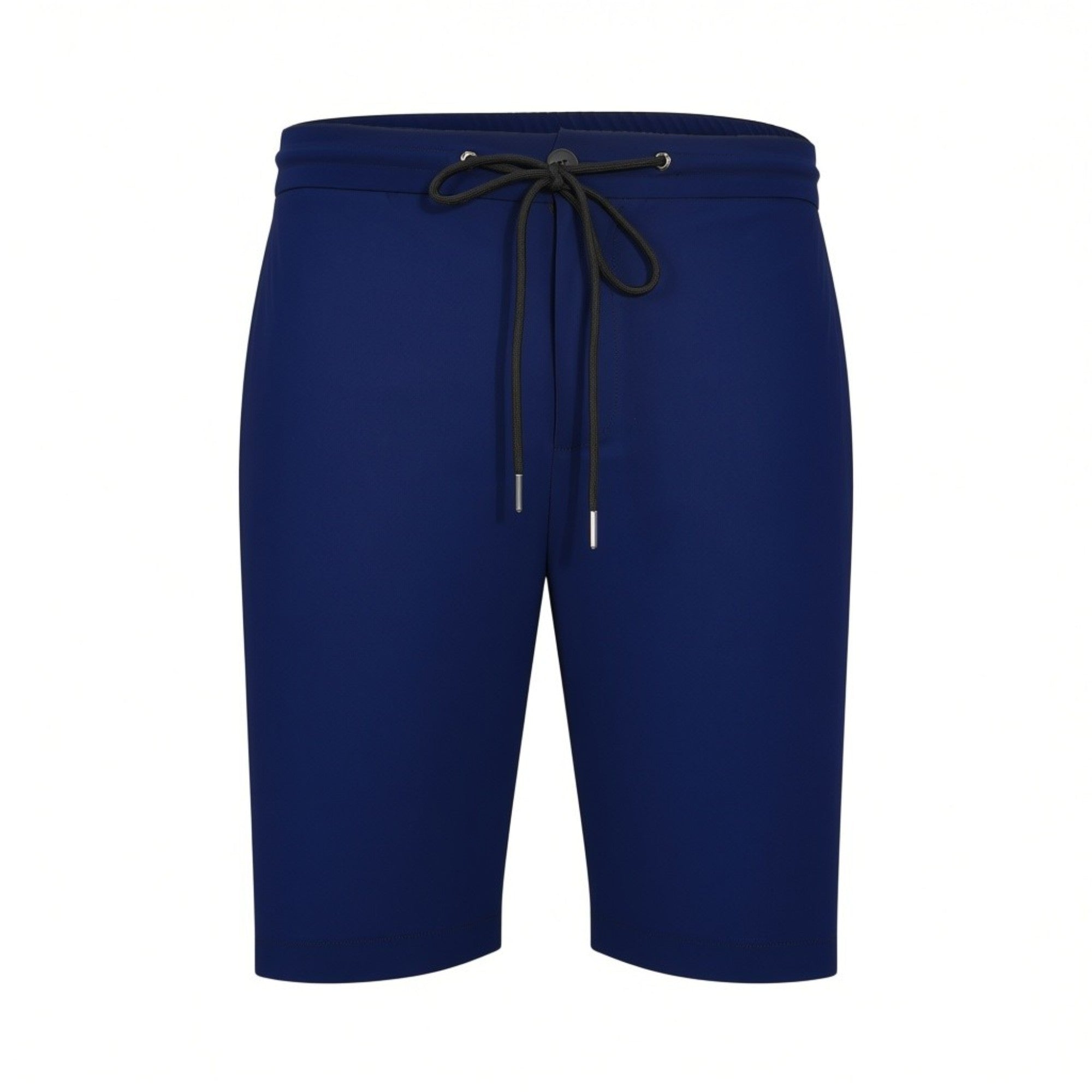 Front studio shot of men's Tombolini deep blue technical performance shorts, highlighting the elasticated waist and adjustable black drawstring against a white background.