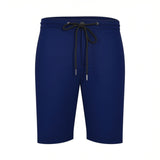 Front studio shot of men's Tombolini deep blue technical performance shorts, highlighting the elasticated waist and adjustable black drawstring against a white background.