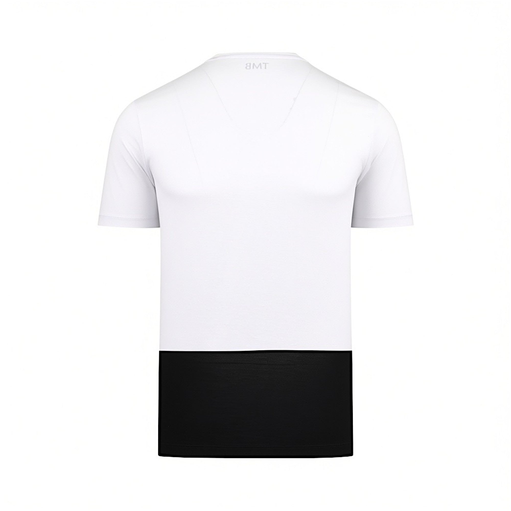 Back studio shot of the men's Tombolini t-shirt, highlighting the solid white upper back area and a contrasting bold black block across the lower reverse hemline.