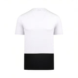 Back studio shot of the men's Tombolini t-shirt, highlighting the solid white upper back area and a contrasting bold black block across the lower reverse hemline.