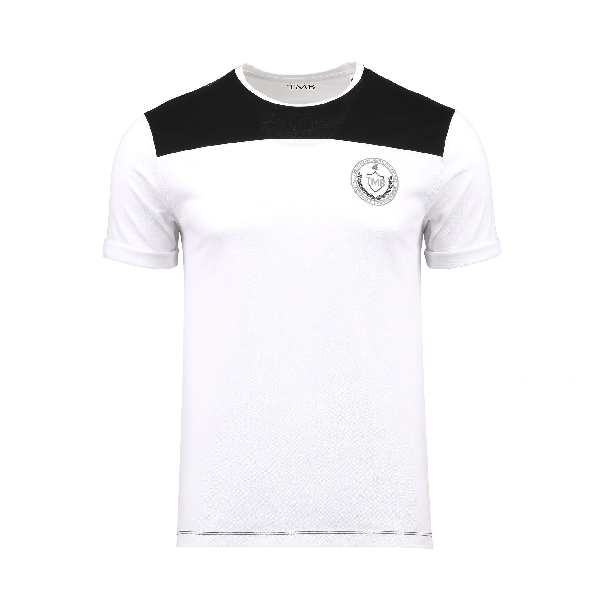 Front studio shot of a men's Tombolini short-sleeve t-shirt in white, featuring a black color-blocked upper chest panel and a grey "TMB" crest emblem on the left side.