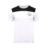 Front studio shot of a men's Tombolini short-sleeve t-shirt in white, featuring a black color-blocked upper chest panel and a grey "TMB" crest emblem on the left side.
