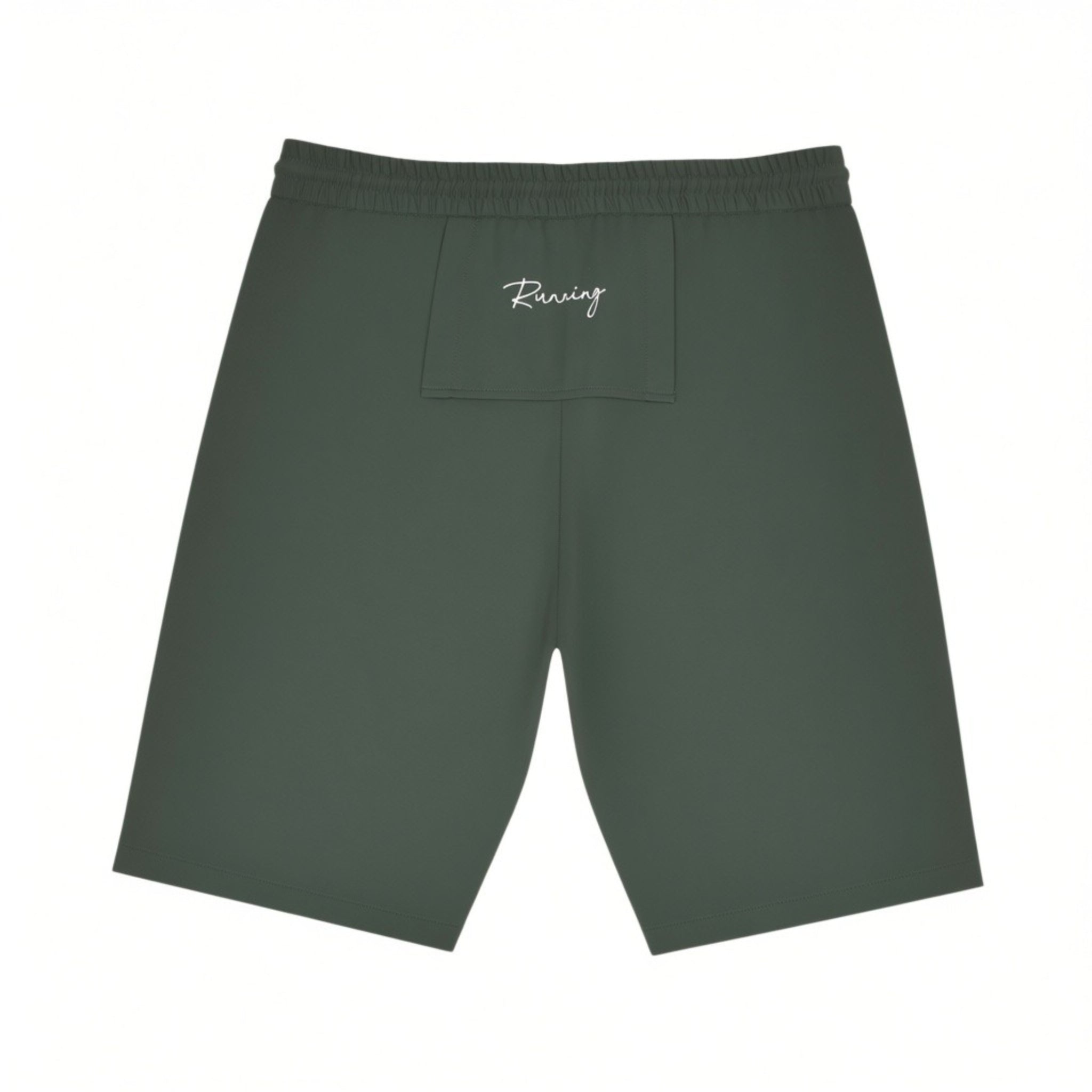 Rear studio flat-lay shot of the dark green Tombolini shorts, highlighting the white embroidered "Running" script on the back panel.