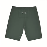 Rear studio flat-lay shot of the dark green Tombolini shorts, highlighting the white embroidered "Running" script on the back panel.