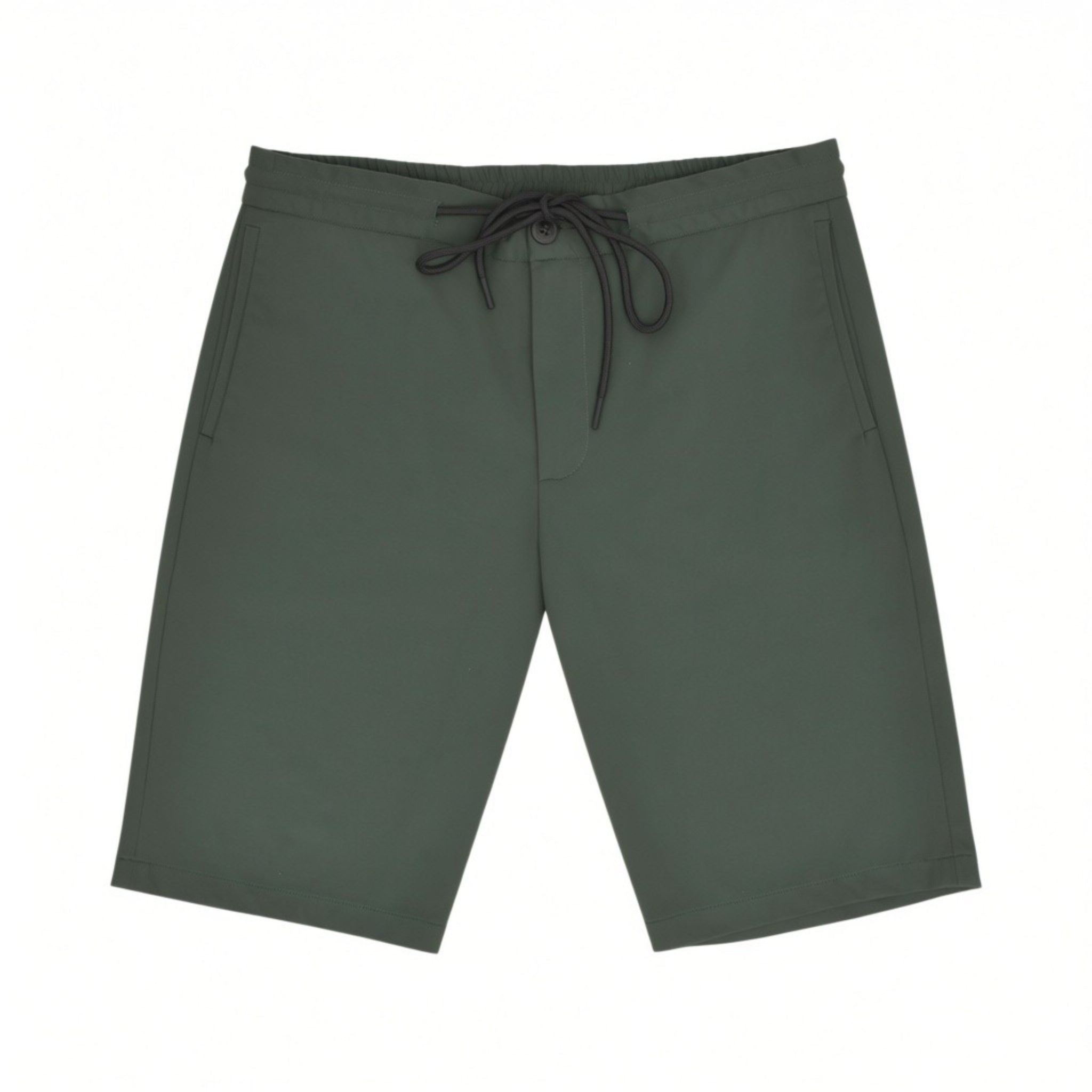 Front studio flat-lay shot of Tombolini TMB Running shorts in a dark green shade, featuring a drawstring elasticated waist with a central button.