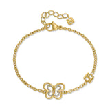 Overhead view of the bracelet laid in a circular profile, highlighting the central placement of the gold and silver cut-out butterfly charm, the side SH block charm, and the branded extender chain finial.