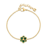 Symmetrical overhead view of the bracelet arranged in a circular shape, showcasing the central green malachite floral station with the gold SH emblem and the adjustable extender layout.
