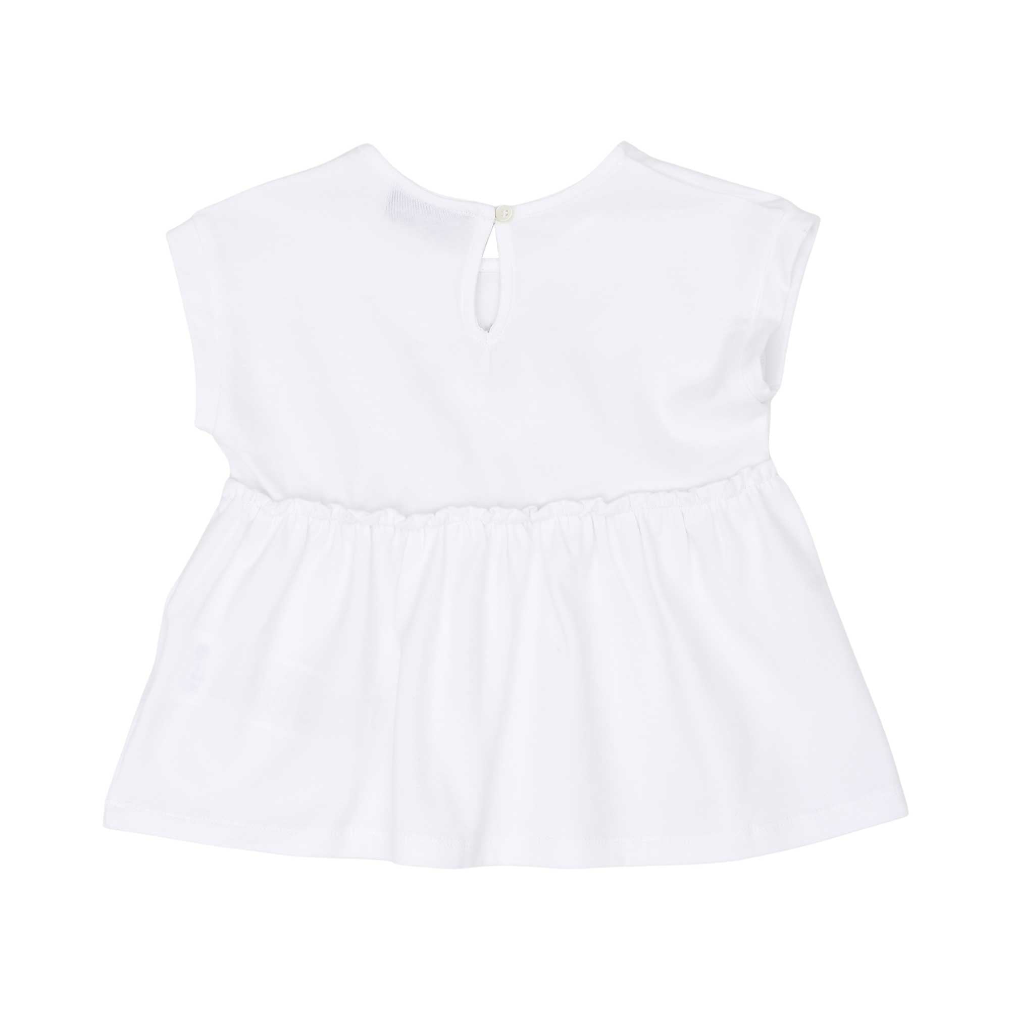 Top-only back view Moschino baby girl white top pink teddy leggings set. Order Online Today