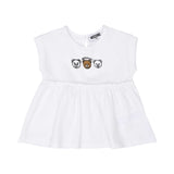 Top-only front view Moschino baby girl white top pink teddy leggings set. Order Online Today