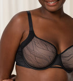 Triumph Airy Sensation black padded bra second model close-up view, showing fit and detailing the breathable mesh wings. Shop the latest Online.