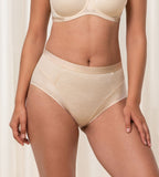 Triumph Airy Sensation nude beige maxi panty model front view, with shaping mesh panels. Shop Now at Blue Salon Qatar