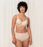Triumph Airy Sensation nude beige maxi panty model full front view, with shaping mesh panels. Shop Now at Blue Salon Qatar