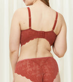 Triumph Amourette 300 Rococo non-wired bra in Mannish red third model back view, showcasing the intricate floral lace and adjustable straps. Order Online Today