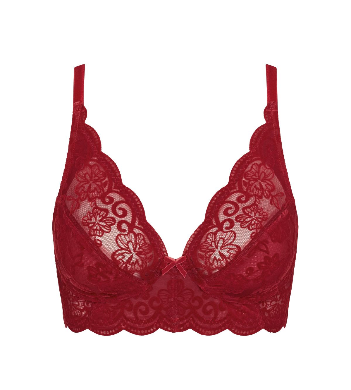 Triumph Amourette 300 Rococo non-wired bra in mannish red product-only view, showcasing the intricate floral lace and wireless cup design. Order Online Today