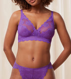 Triumph Amourette 300 Summer non-wired bra in purple second model front view, featuring unpadded floral embroidery. Available Now