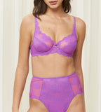 Triumph Amourette 300 Summer wired bra in purple third model front view, featuring unpadded floral lace cups and supportive underwiring. Shop Online Today